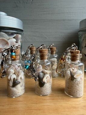 Set of 6 Silver Glass Jars w/Shells & Shark Teeth Bag Charm Keychain – Handmade